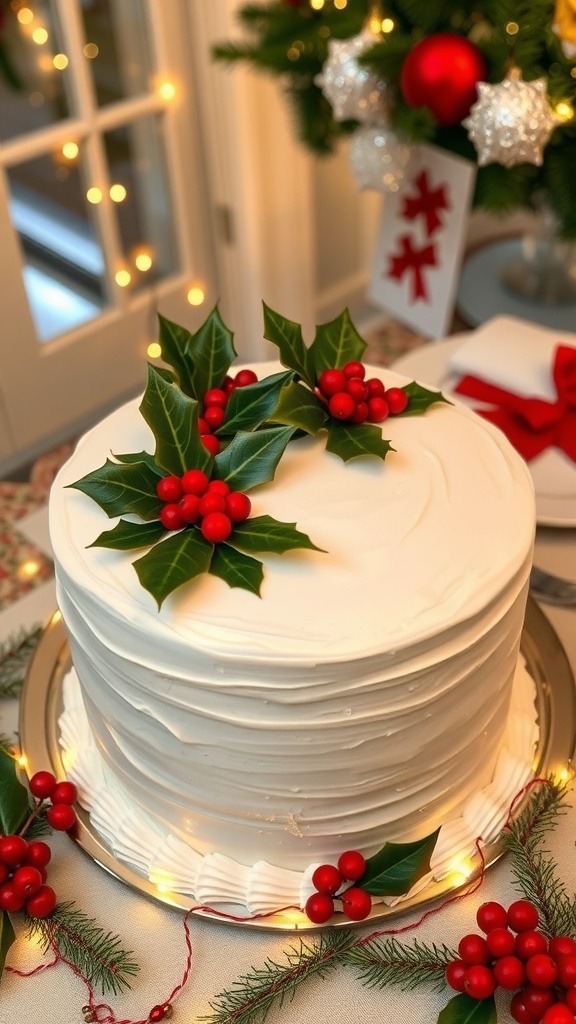 A traditional Christmas cake with royal icing and holly decoration on a festive table.
